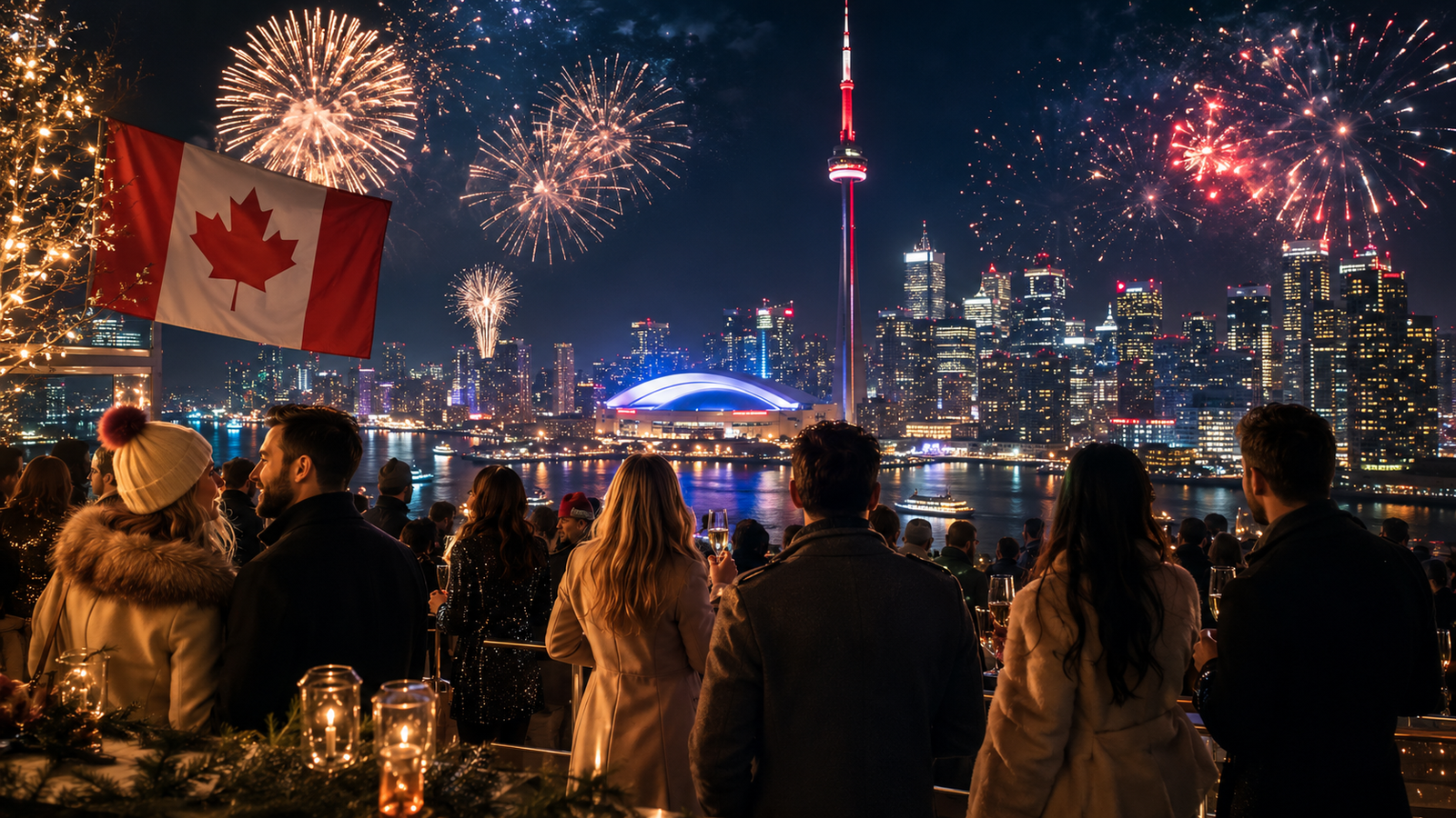 New Year celebration by a Canadian waterfront skyline