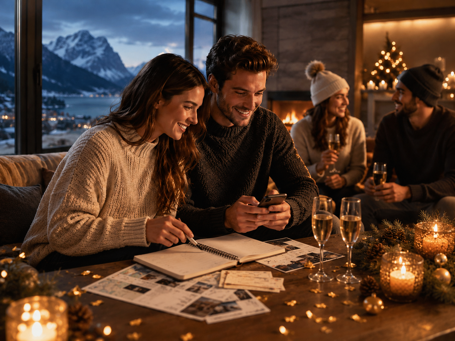 Friends planning a winter New Year trip by the fireplace