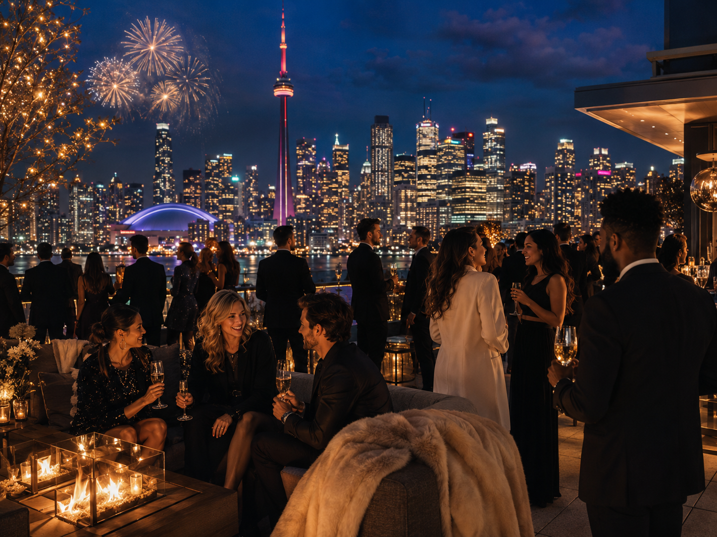Glamorous New Year rooftop celebration with Toronto skyline